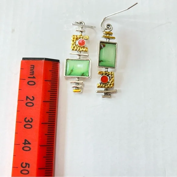 BNWT Green Onyx Marble Effect Geometric Silver Back Earrings - Chic & Versatile - Picture 6 of 10